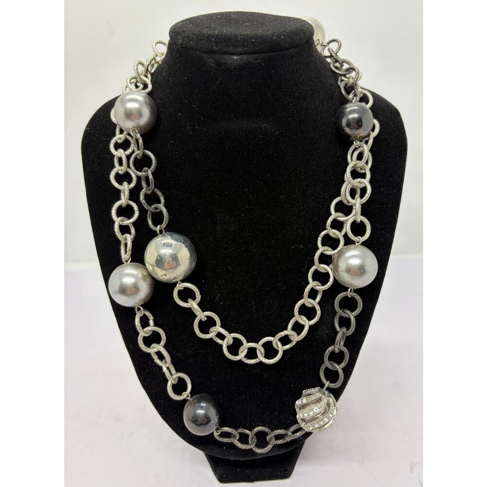 Chico’s Long Bold Silver & Rhinestone Chunky Beaded Signed Statement Necklace